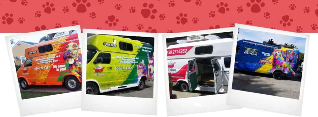Mobile pet grooming van serving multiple cities throughout the San Francisco Bay Area